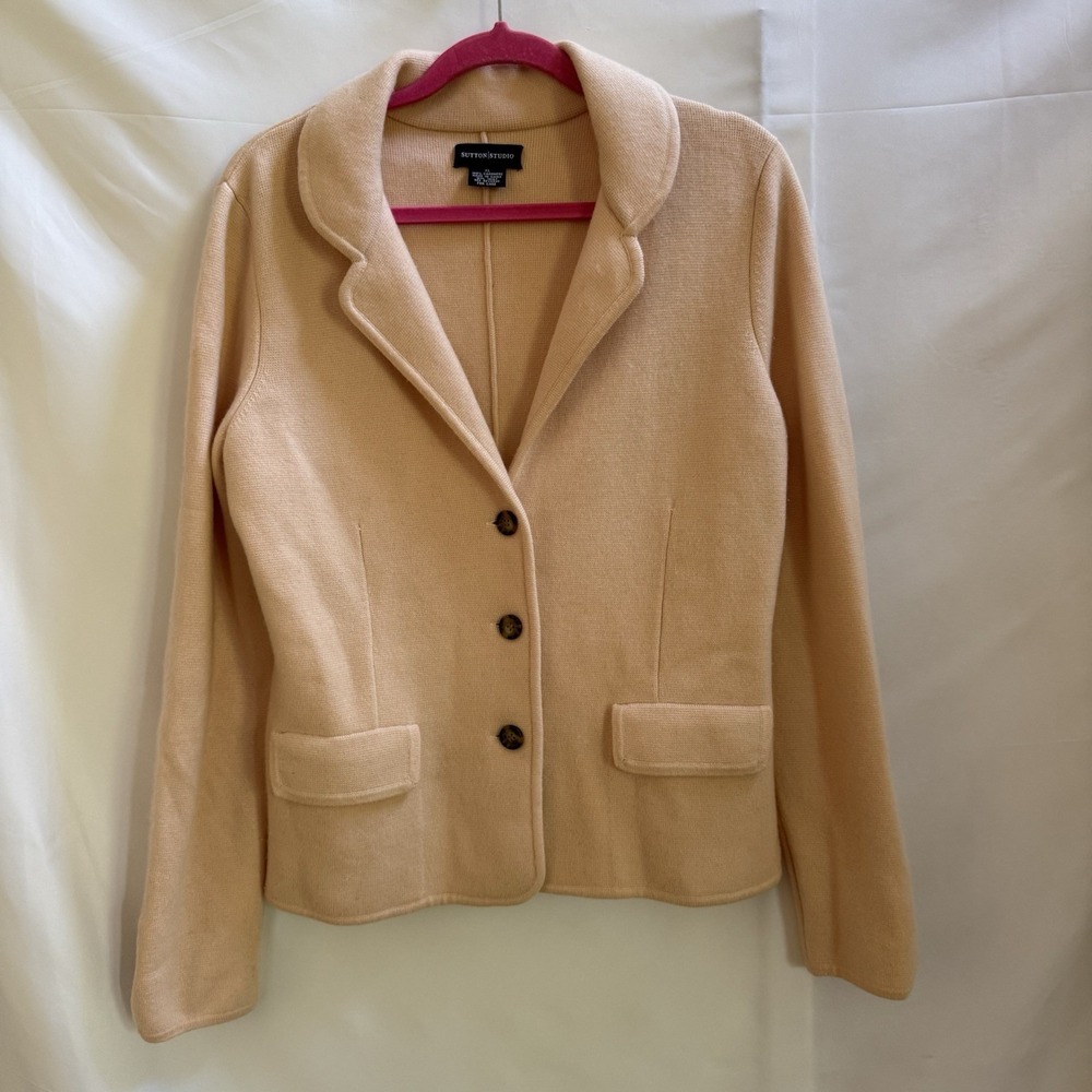 Sutton Studio Women's Petite XL Blush Solid Knit 100% Cashmere Collared Cardigan